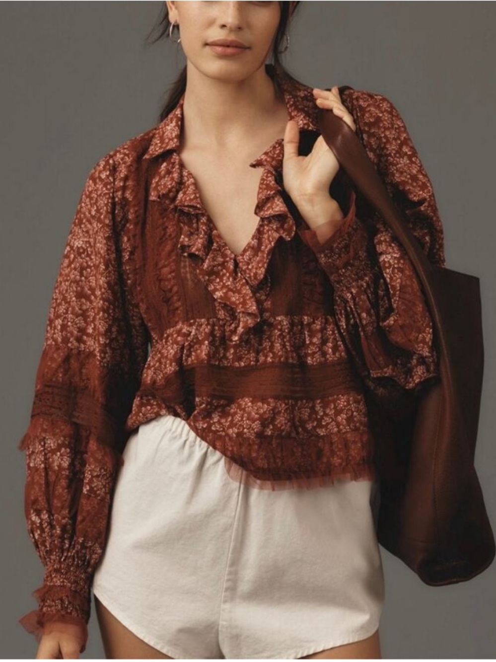 Anthropologie Ruffled V-Neck Popover Blouse Terracotta Red Motif Med OB1866645